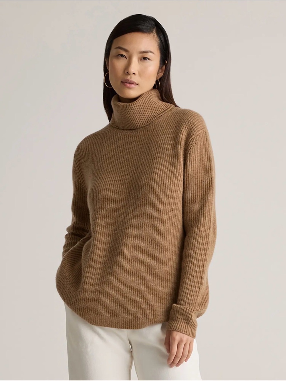 Quince 100% Cashmere Fisherman Turtleneck Sweater in Camel, size M